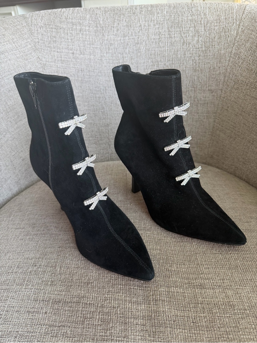 Gianni Bini Black Suede Ankle Boots with Crystal Bow Accents